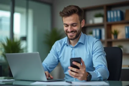 Homme d'affaires en chemise bleue examine un téléphone moderne