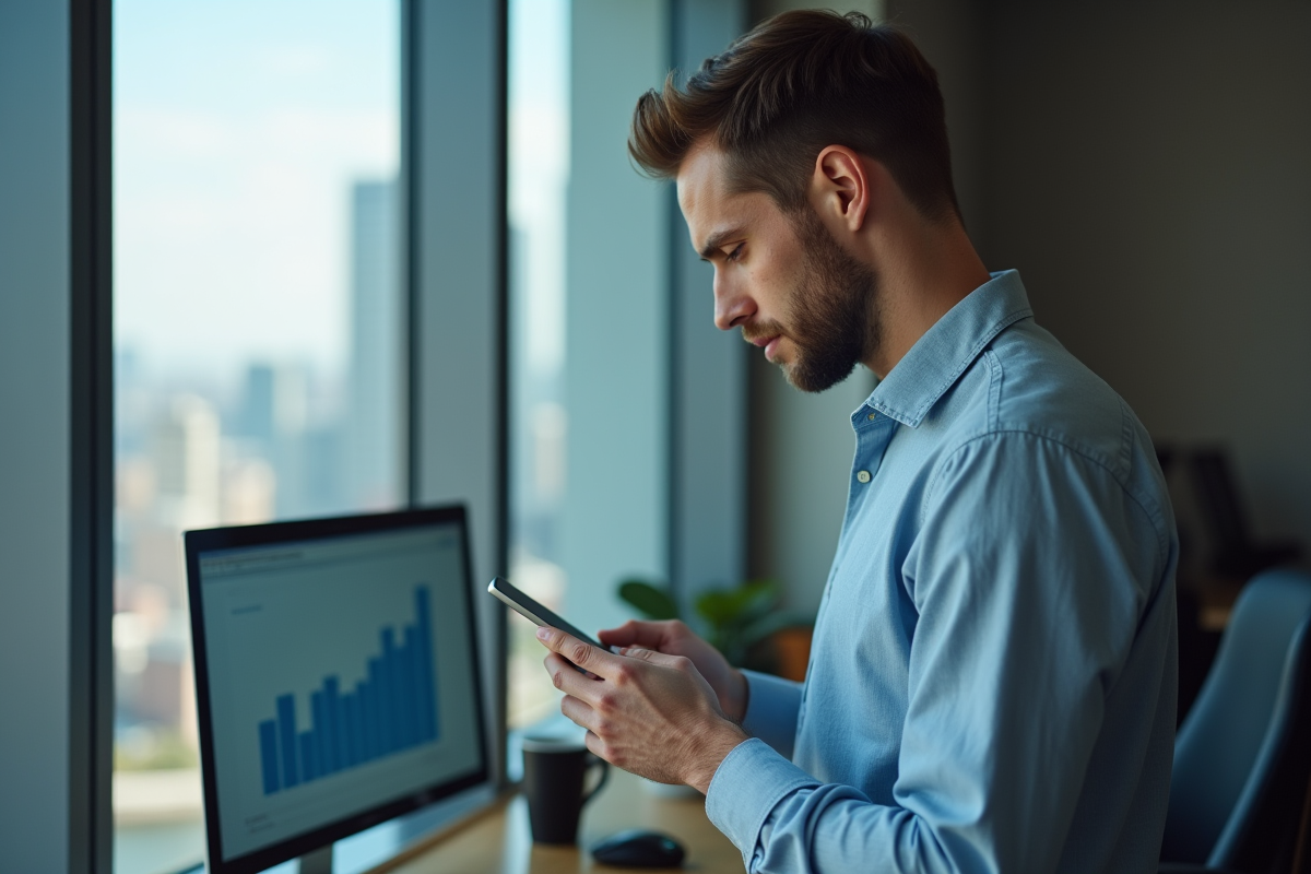 Homme daffaires regardant son smartphone dans un bureau