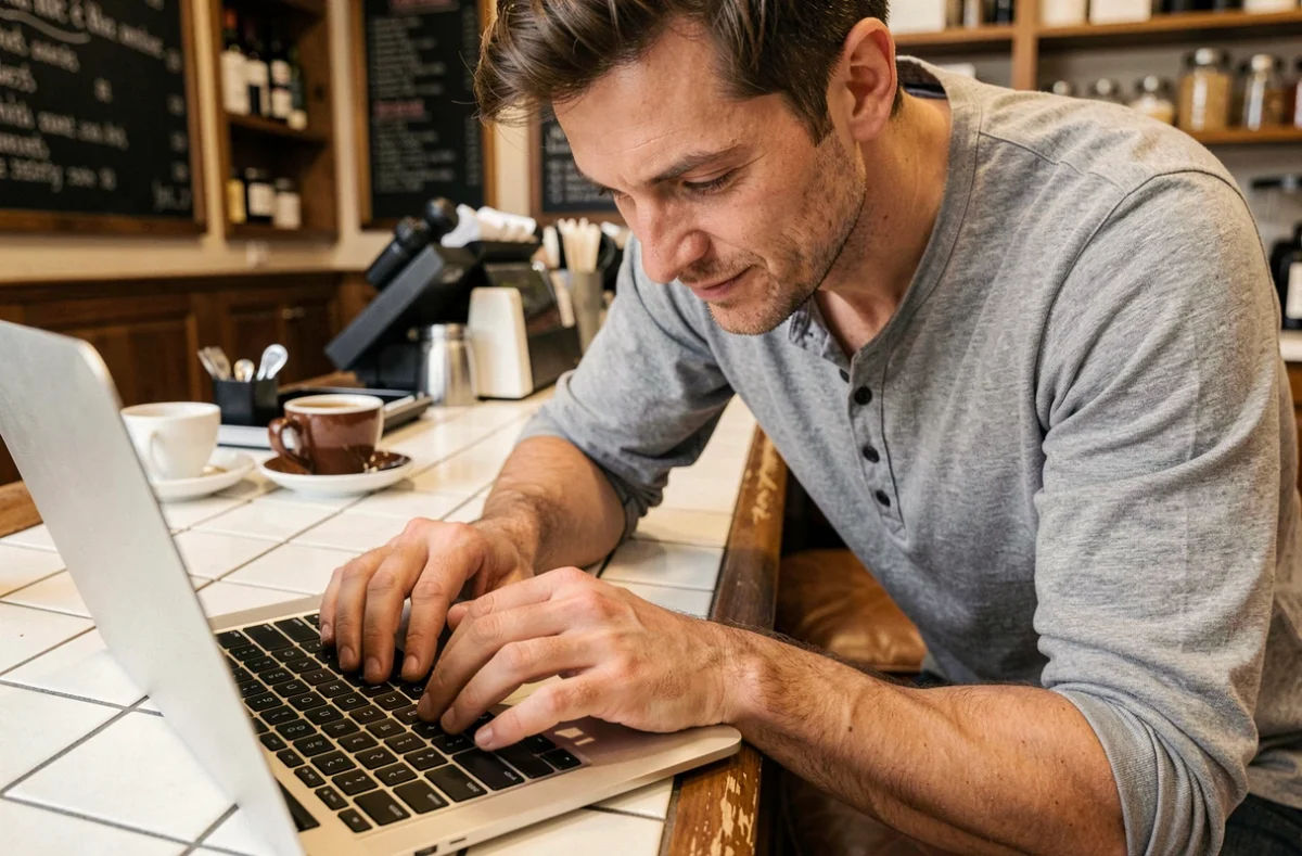Homme consultant un clavier AZERTY dans un café pour trouver des caractères spéciaux