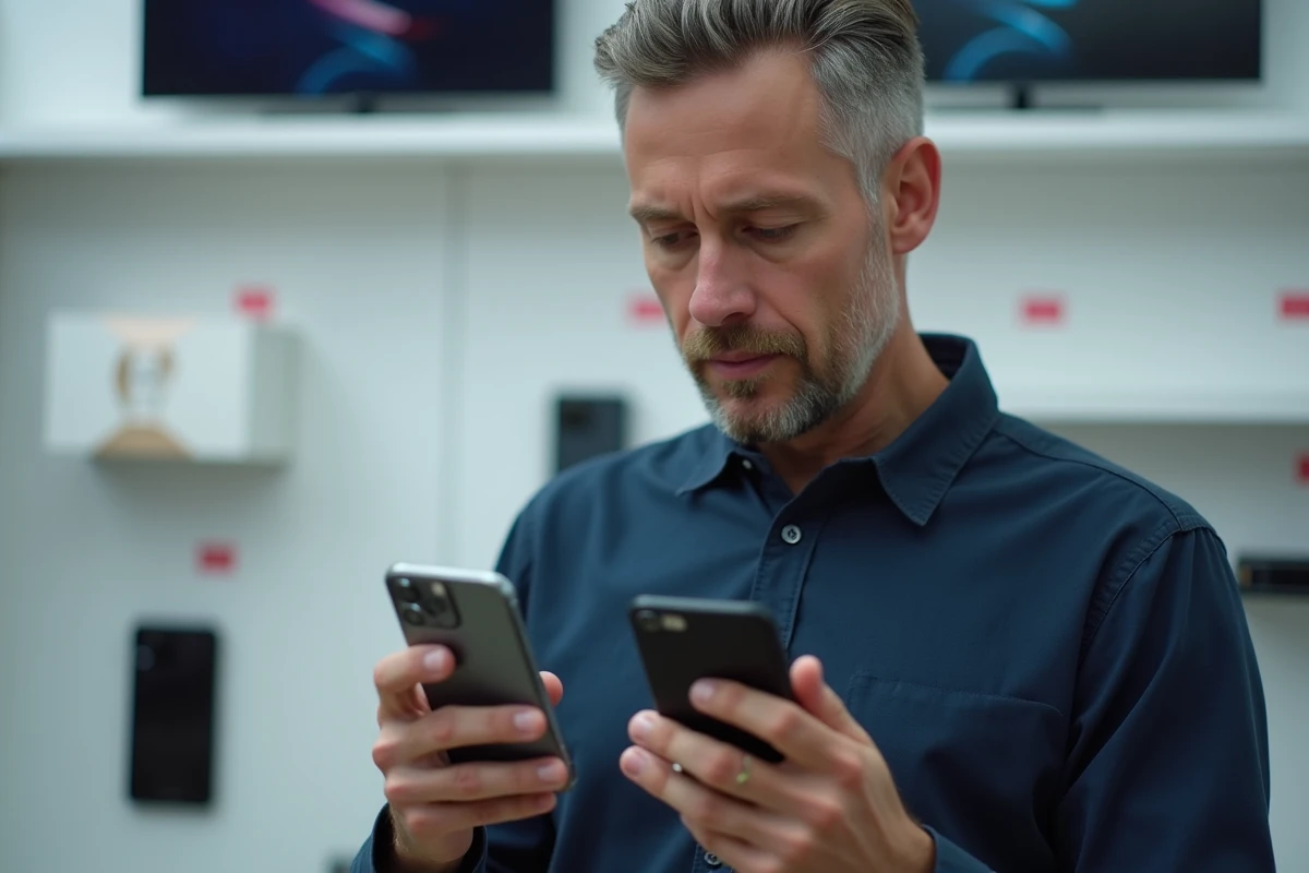 Homme comparant deux smartphones dont un Samsung Galaxy A25 reconditionné dans une boutique de revente