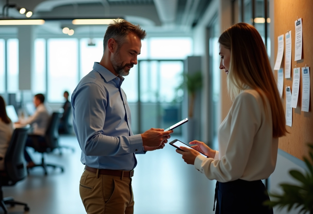 Homme montrant comment compresser un PDF avec une tablette