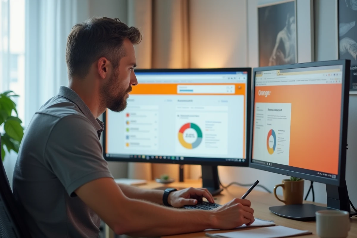 Homme configurant les adresses mail Orange de sa famille depuis son bureau à domicile