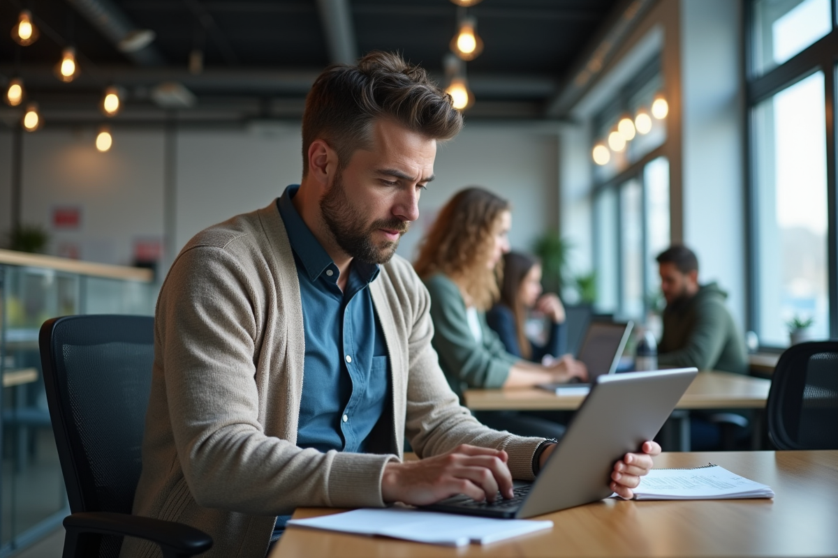 Homme concentré sur son tableau dans un espace de coworking