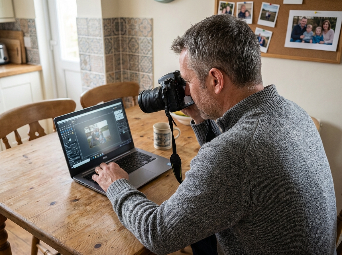 Homme en sweater travaillant sur son ordinateur en cuisine