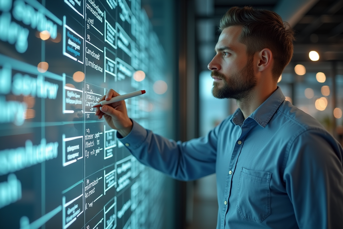 Homme esquissant des algorithmes de cryptage dans un espace hightech