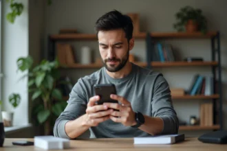 Homme examinant un smartphone Xiaomi reconditionné dans un bureau à domicile minimaliste