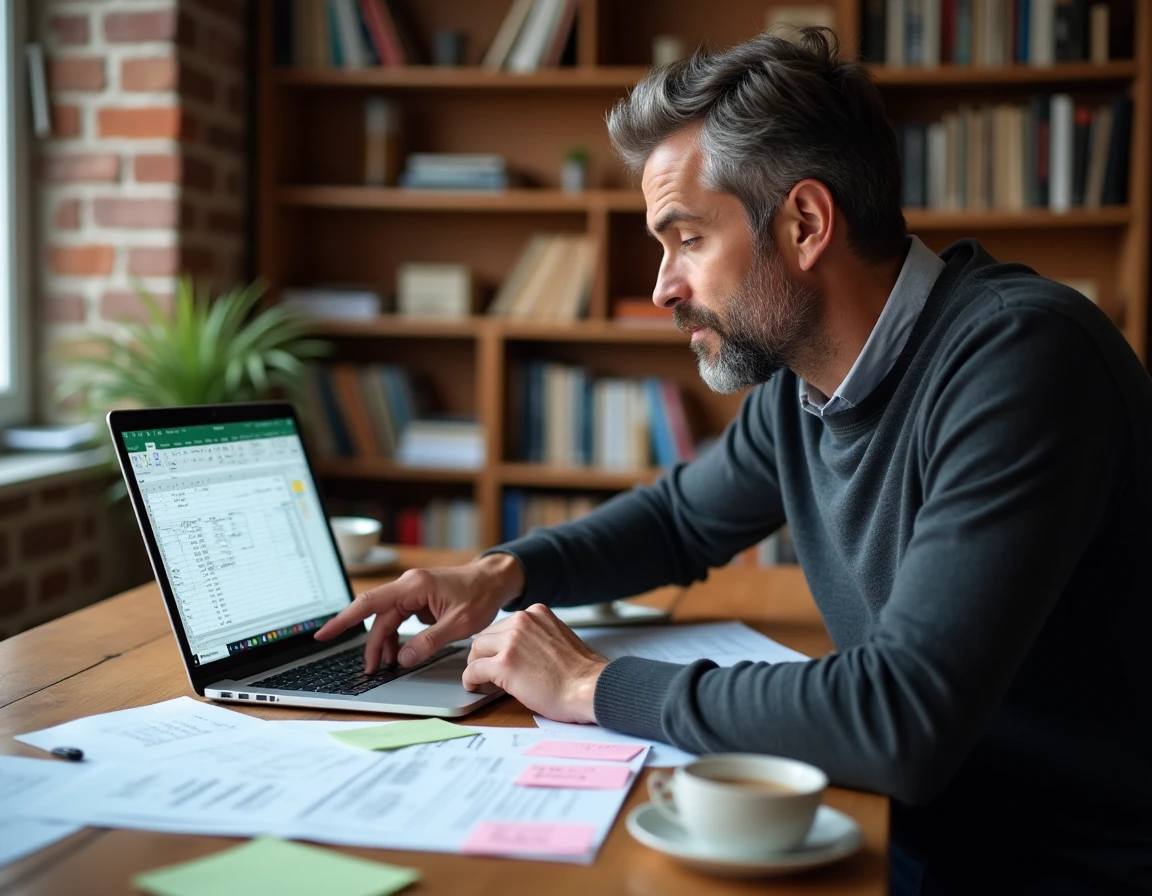 Homme travaillant sur Excel avec un tableau croisé dynamique dans un bureau à domicile encombré