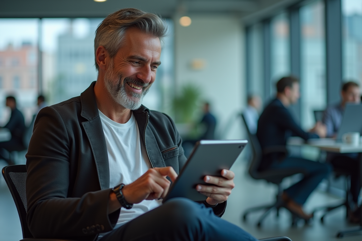 Homme d age moyen utilise une tablette pour gérer ses fichiers