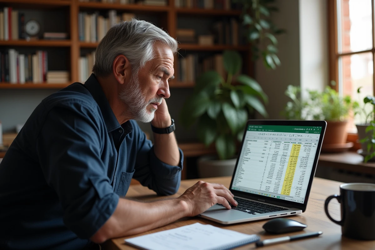 Homme travaillant depuis chez lui sur un fichier Excel pour identifier et supprimer les lignes en double