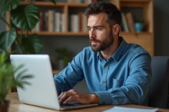 Homme en bleu utilisant un ordinateur dans un bureau moderne