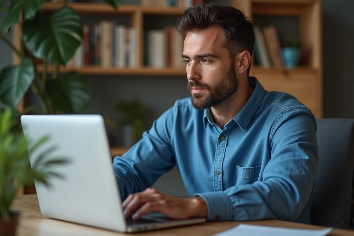 Homme en bleu utilisant un ordinateur dans un bureau moderne