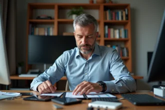 Homme d'âge moyen organisant des disques durs et clés USB