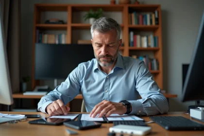 Homme d'âge moyen organisant des disques durs et clés USB