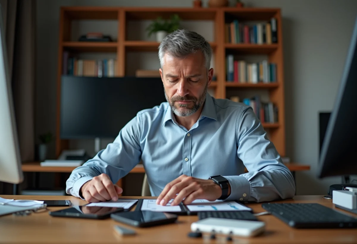 Homme d'âge moyen organisant des disques durs et clés USB