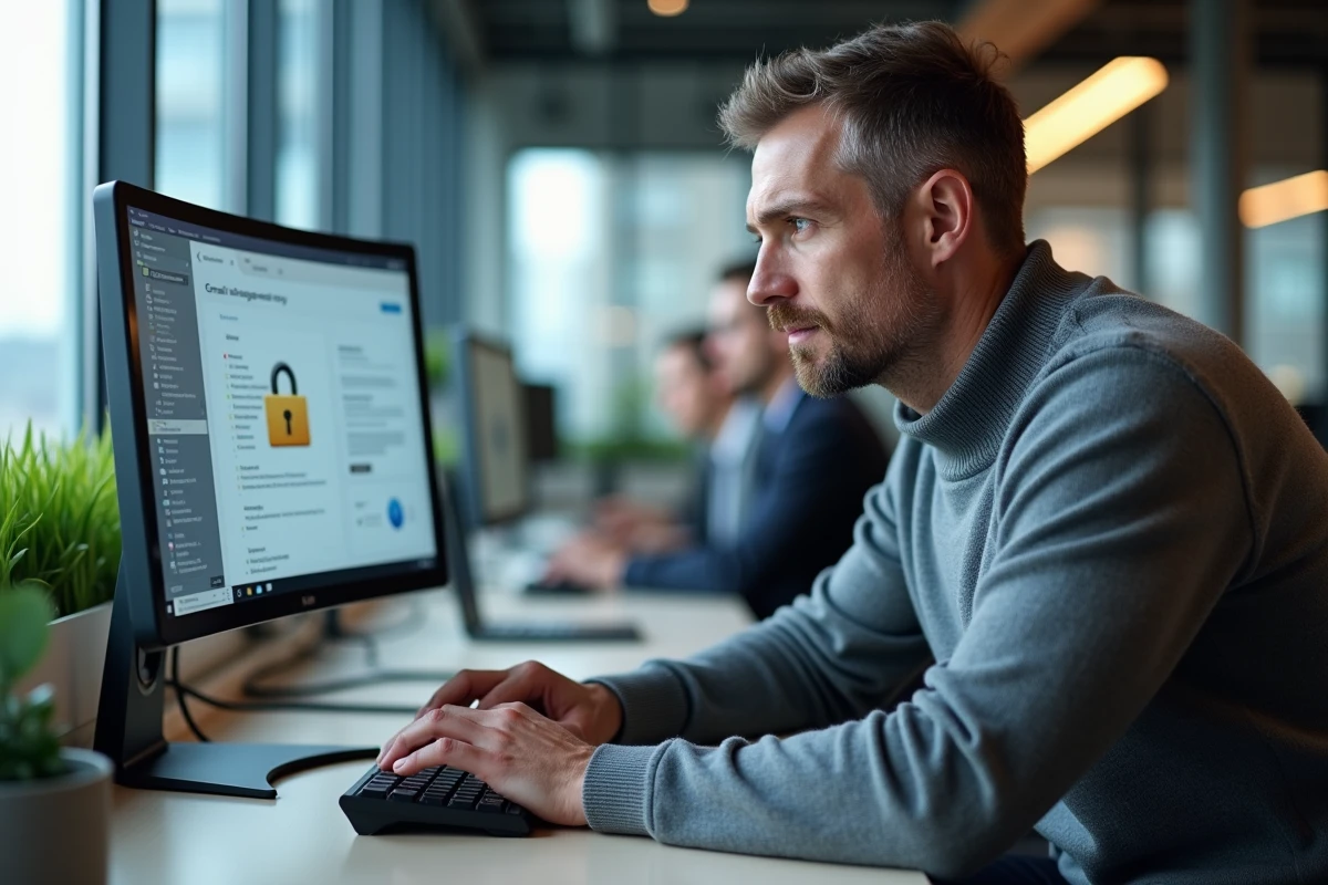 Homme configurant les paramètres de sécurité de son webmail professionnel dans un bureau en open space