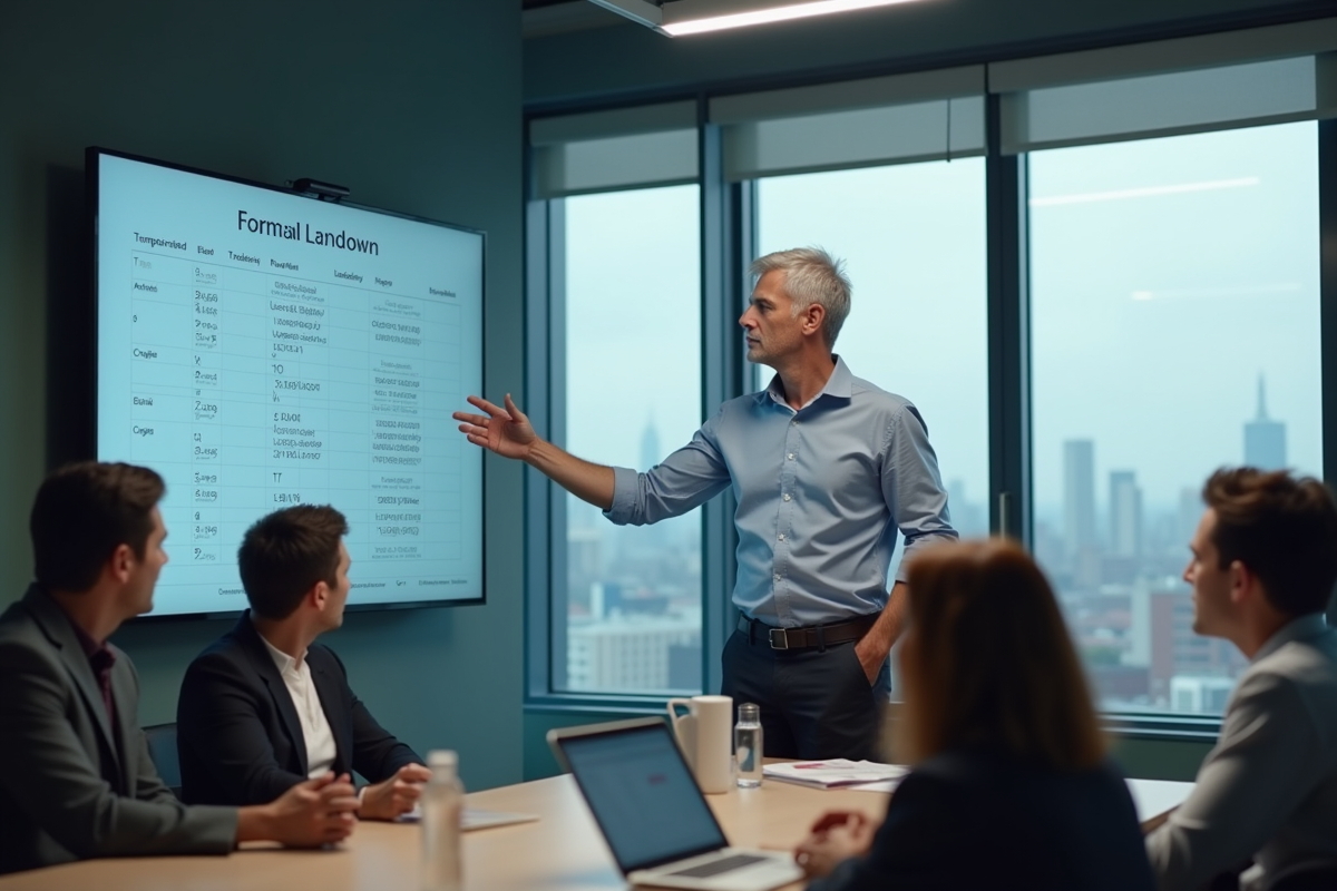 Homme expliquant une formule Excel devant un grand écran en réunion