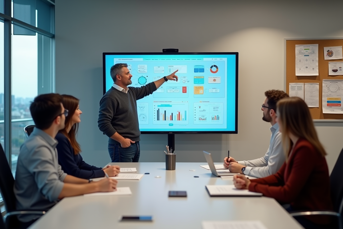 Homme présentant des concepts UX à une équipe en réunion