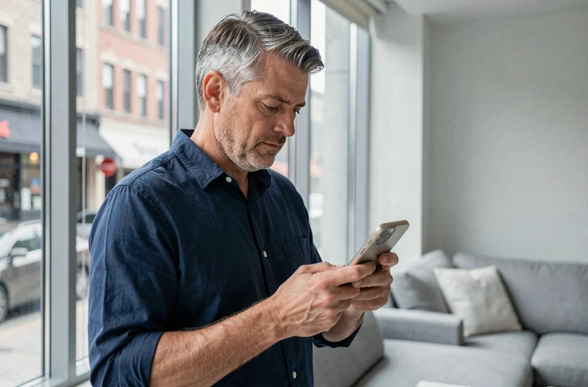 Homme consultant les paramètres de sonnerie iPhone pour un contact précis dans un appartement moderne