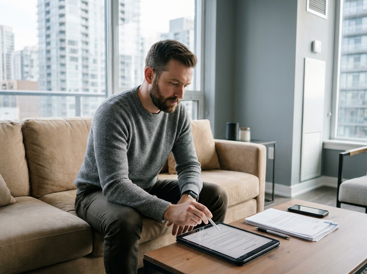 Homme signant un contrat CDI sur tablette depuis son salon, illustrant la digitalisation des démarches professionnelles à domicile