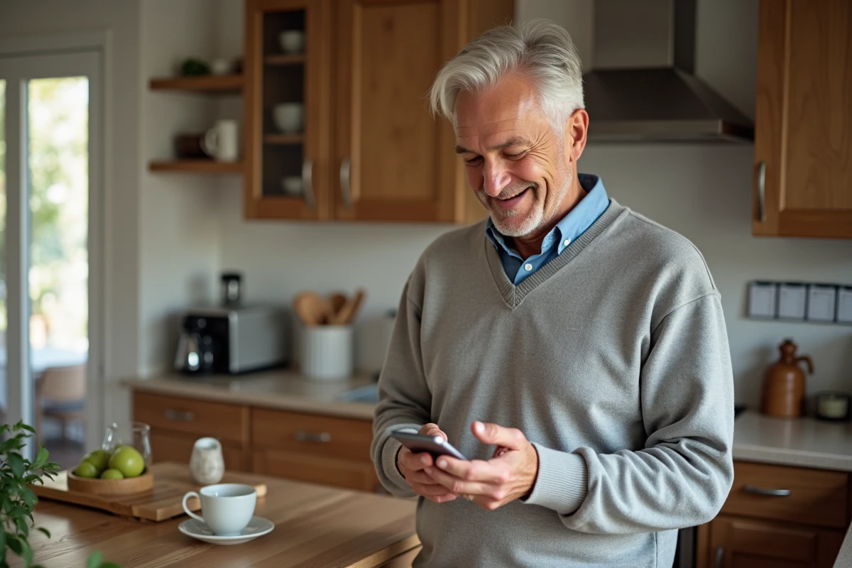 Homme souriant utilise son smartphone dans la cuisine