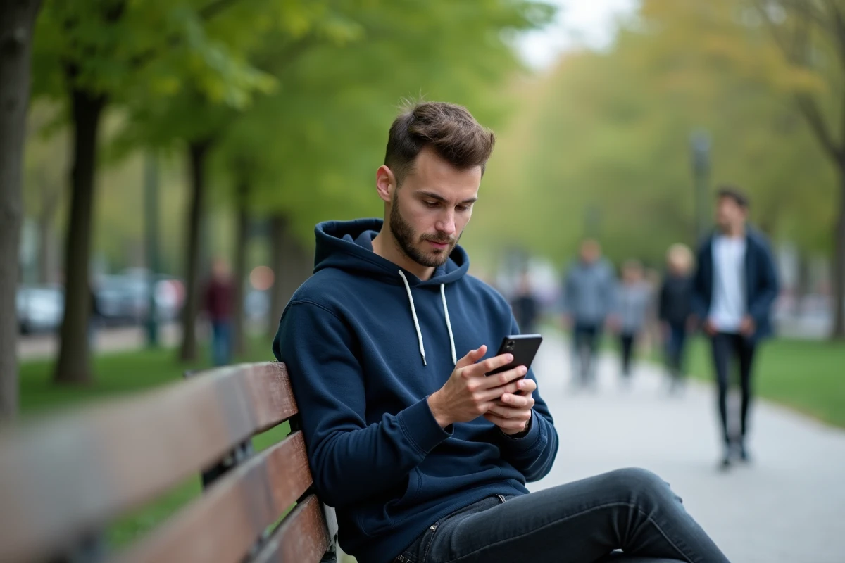 Homme consultant anonymement des stories Instagram publiques sur son téléphone dans un parc