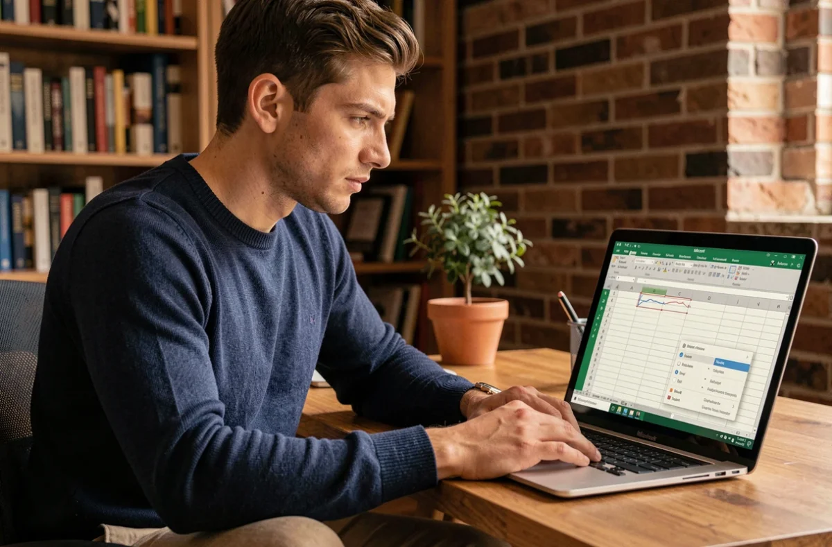 Jeune homme en télétravail sélectionnant des lignes vides dans Excel via le menu contextuel sur son ordinateur portable