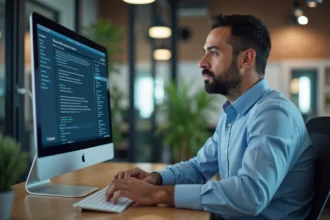 Homme d'âge moyen vérifiant un pare-feu informatique au bureau