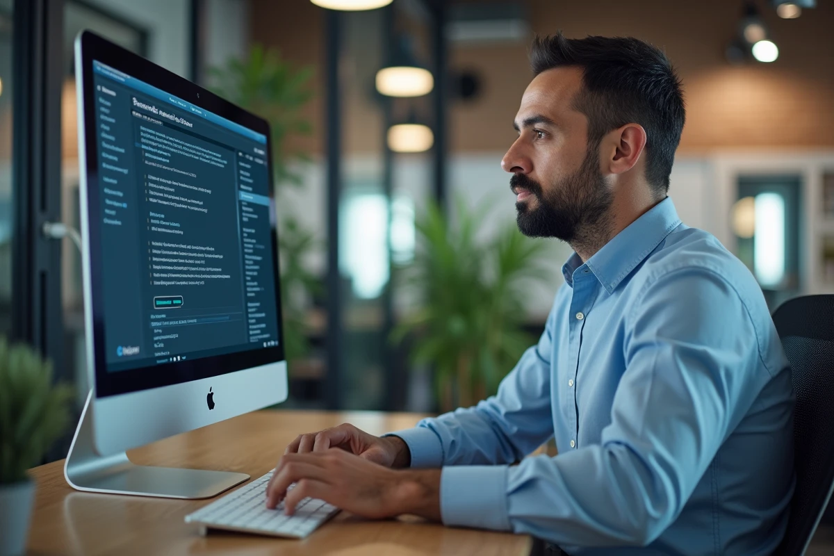 Homme d'âge moyen vérifiant un pare-feu informatique au bureau