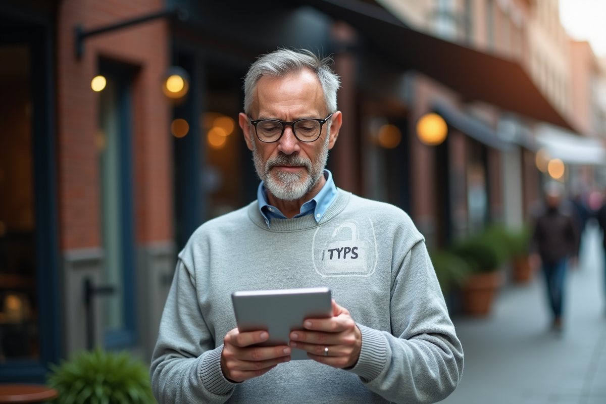 Homme urbain utilisant une tablette en extérieur