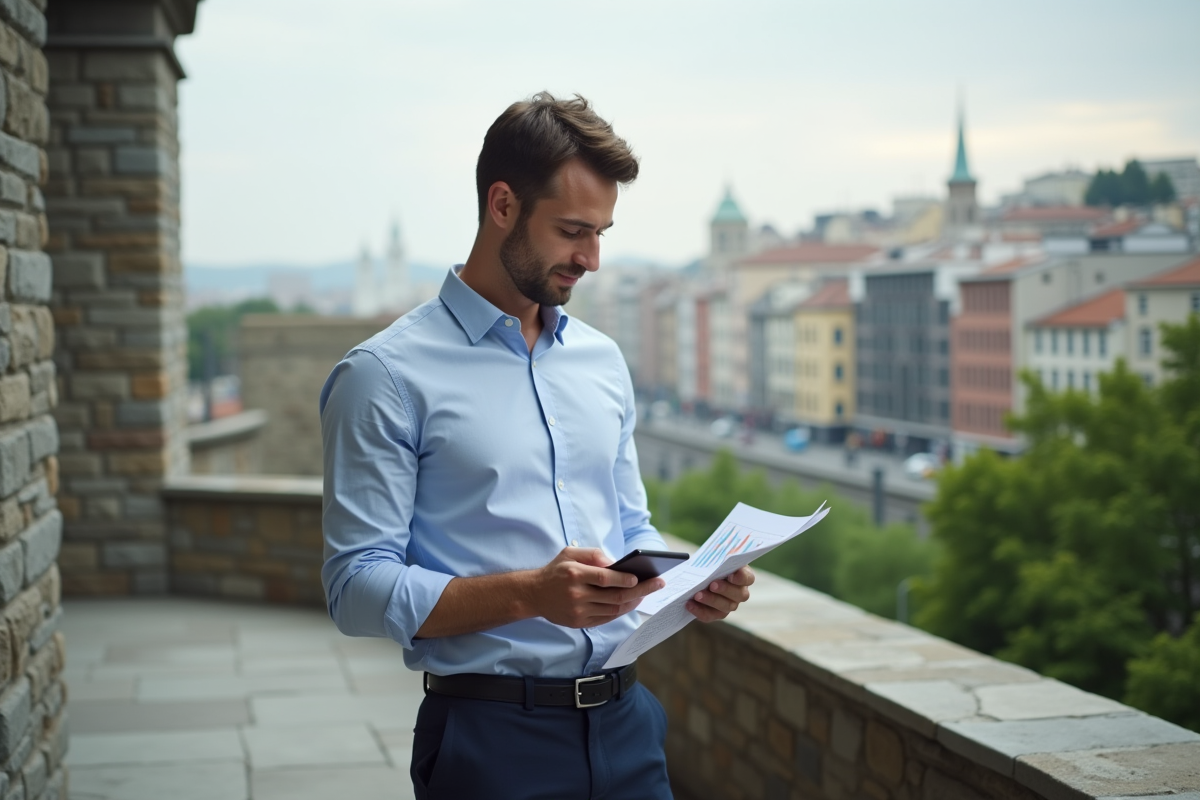 Homme professionnel regardant un rapport SEO en extérieur