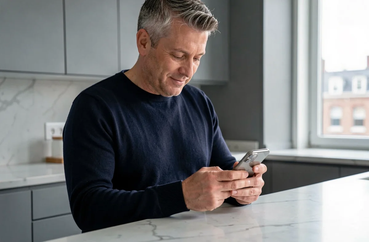 Homme utilisant un iPhone dans une cuisine moderne minimaliste avec plan de travail en marbre