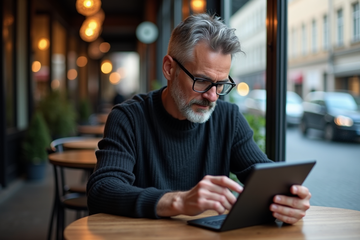 Homme vérifiant un code sur sa tablette dans un café