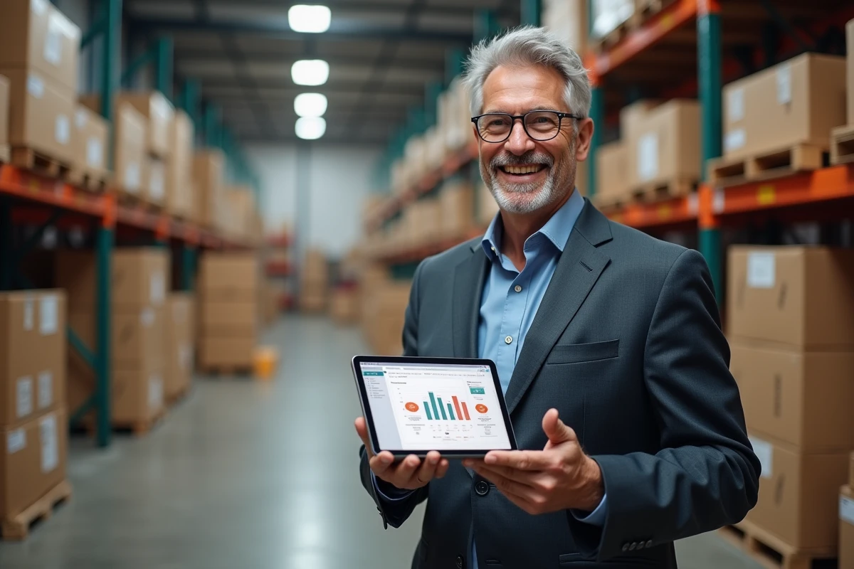 Homme d affaires dans un entrepôt avec tablette