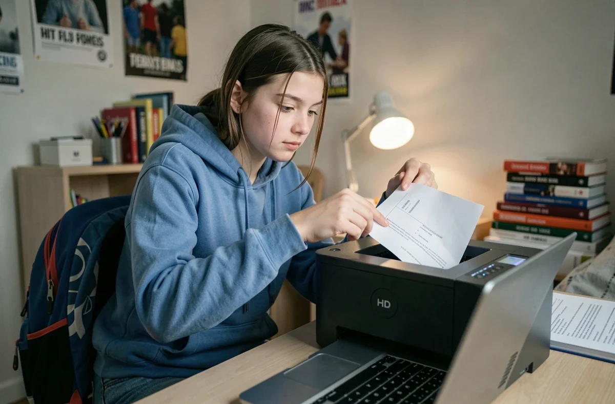 Adolescente récupérant un document scolaire imprimé par une imprimante à réservoir d'encre dans sa chambre
