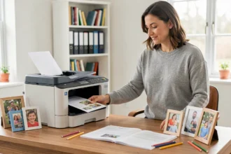 Femme récupérant des impressions sur une imprimante à réservoir d'encre dans un bureau familial à domicile