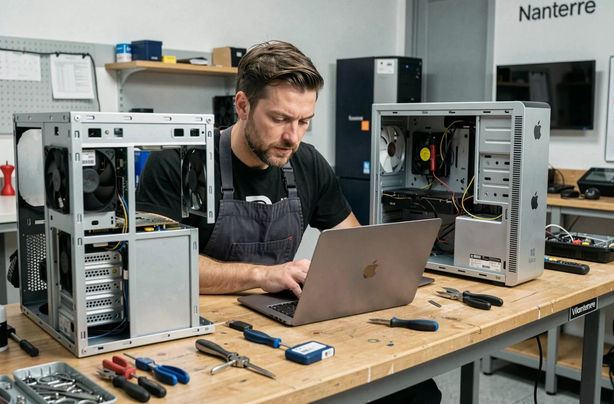 Technicien d'Informaticien des PC réparant simultanément un MacBook Apple et un PC Windows sur son établi à Nanterre