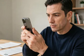Homme inspectant un iPhone 14 Pro reconditionné avant achat, vérifiant l'état du châssis