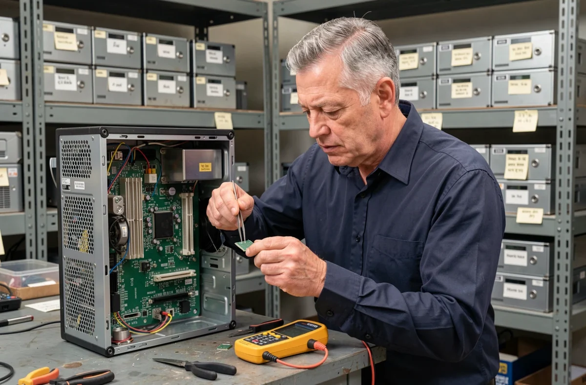 Technicien d'IRS Informatique diagnostiquant l'intérieur d'un ordinateur de bureau avec un multimètre