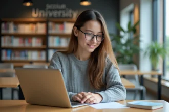 Jeune femme concentrée à la bibliothèque universitaire