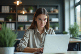 Jeune femme concentrée sur son ordinateur dans un bureau moderne