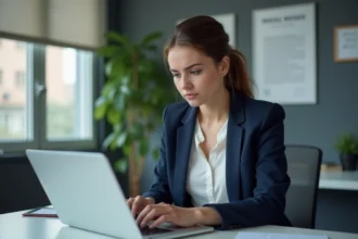 Jeune femme professionnelle regarde son ordinateur au bureau
