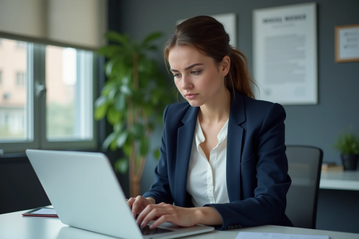 Jeune femme professionnelle regarde son ordinateur au bureau