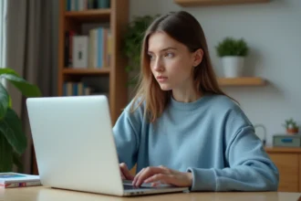 Jeune femme en sweater bleu travaillant sur son ordinateur dans un bureau cosy