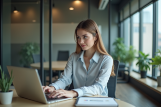 Jeune femme professionnelle travaillant sur un ordinateur dans un bureau moderne