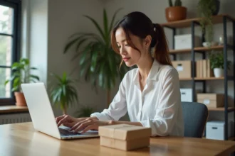 Jeune femme au bureau avec ordinateur et colis