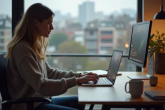Jeune femme concentrée sur son ordinateur dans un bureau cosy