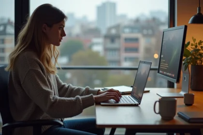 Jeune femme concentrée sur son ordinateur dans un bureau cosy