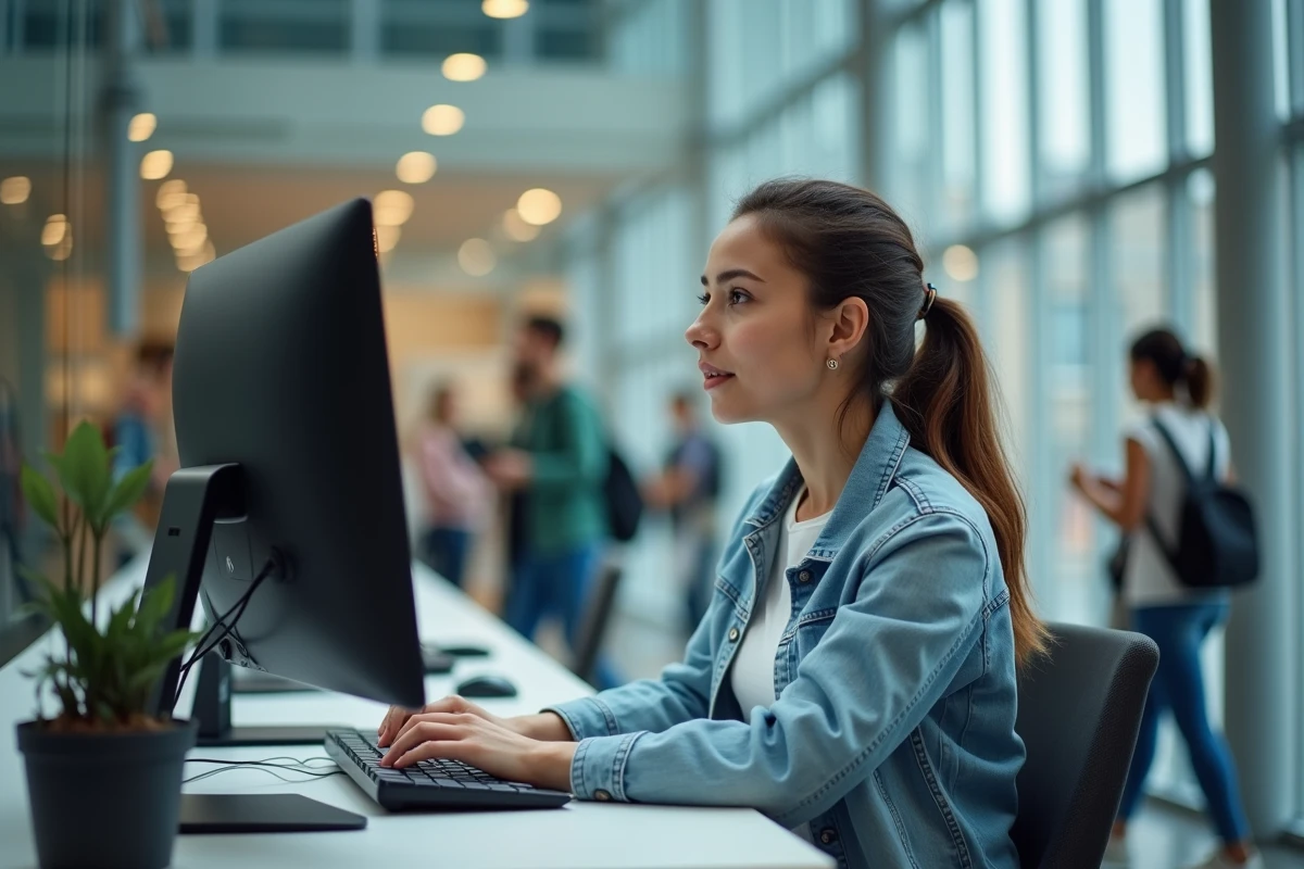 Jeune femme concentrée à un bureau universitaire moderne