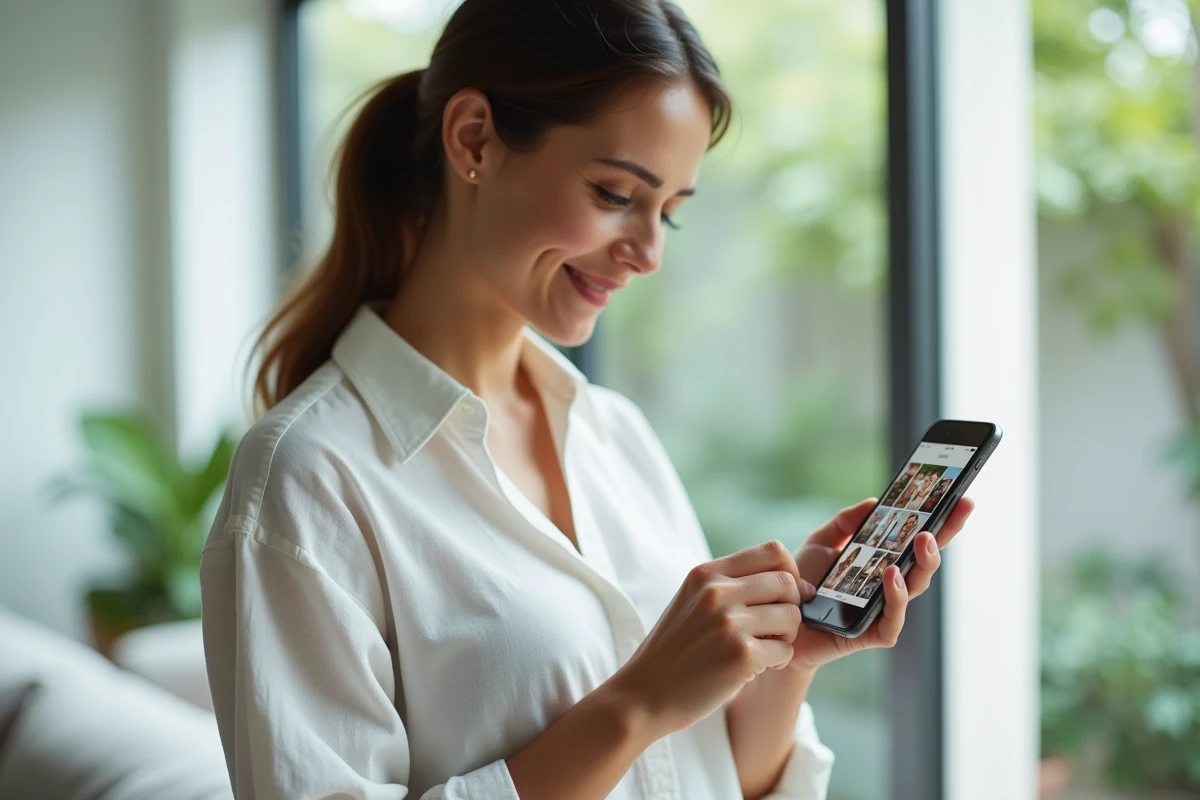 Jeune femme vérifiant la récupération sélective de photos supprimées depuis iCloud sur son iPhone près d'une fenêtre