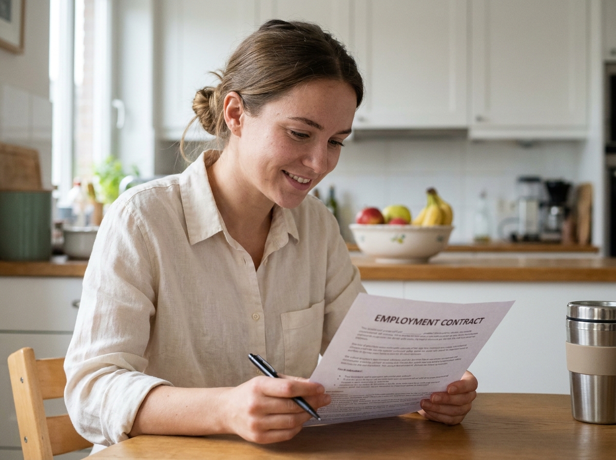 Jeune femme lisant et s'apprêtant à signer un CDI à la table de sa cuisine, symbole du travail à distance et des nouveaux modes d'embauche